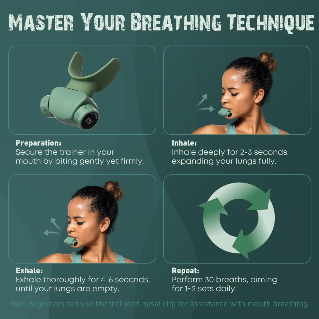 Bodyssey Breathing Trainer | 64-level adjustment, 2 types of mouthpieces, portable, breathing technique support (Matte Green)