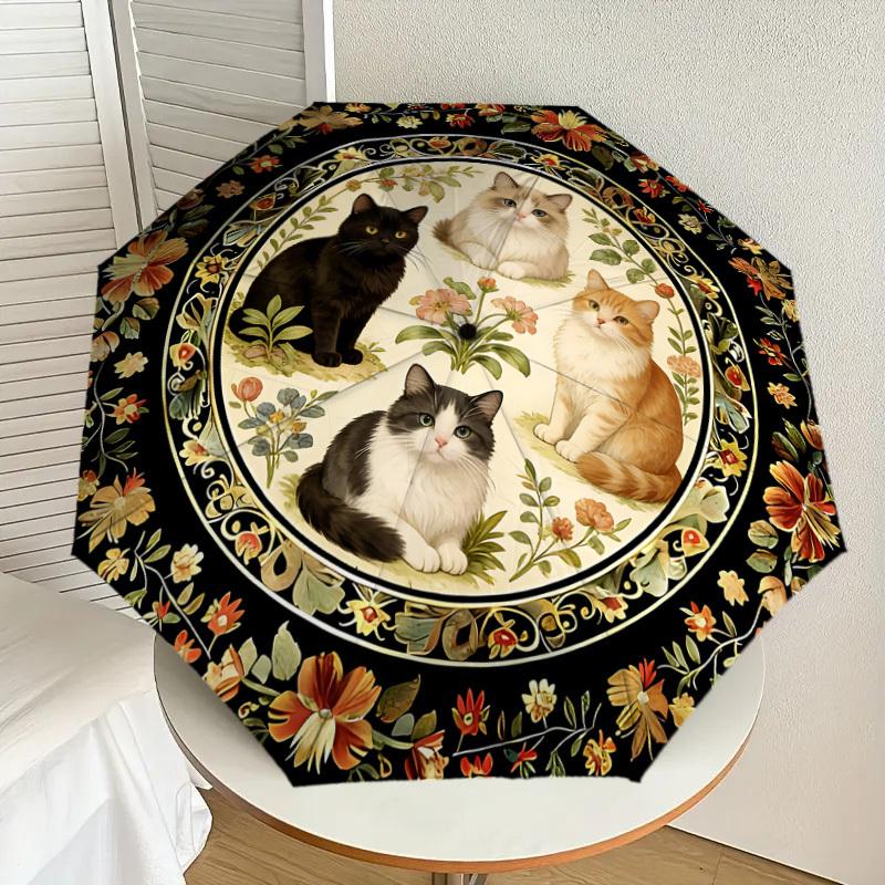 1PC Floral Pattern Cats Umbrella-8-Rib Reinforced, Automatic Open, Lightweight & Durable, Cute Fashion Accessory for Outdoor-K1257
