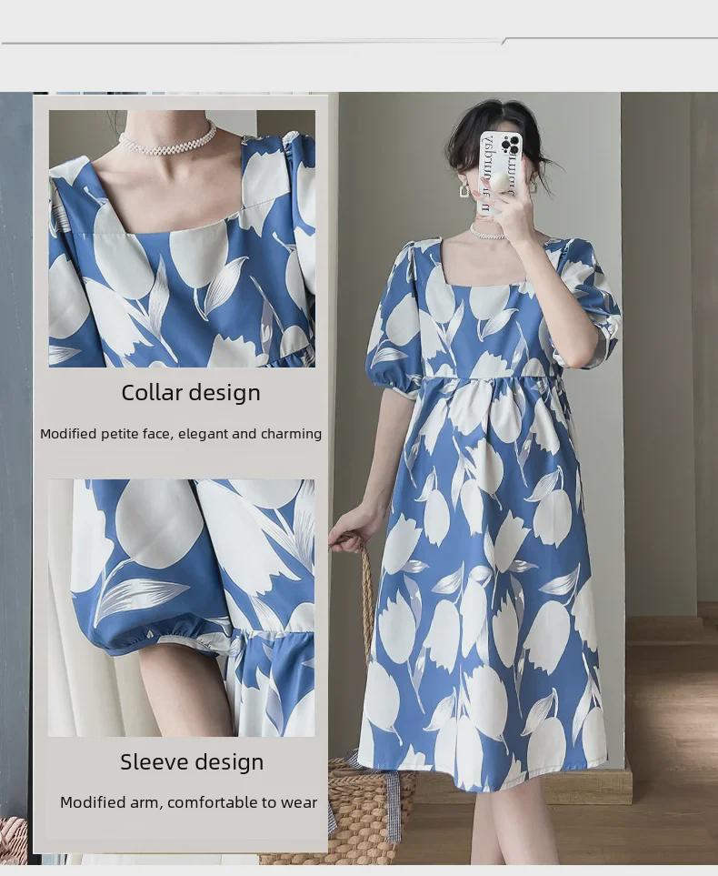2023 French-Style Summer Mid-Length High-End Printed Puff Sleeve Dress for Women