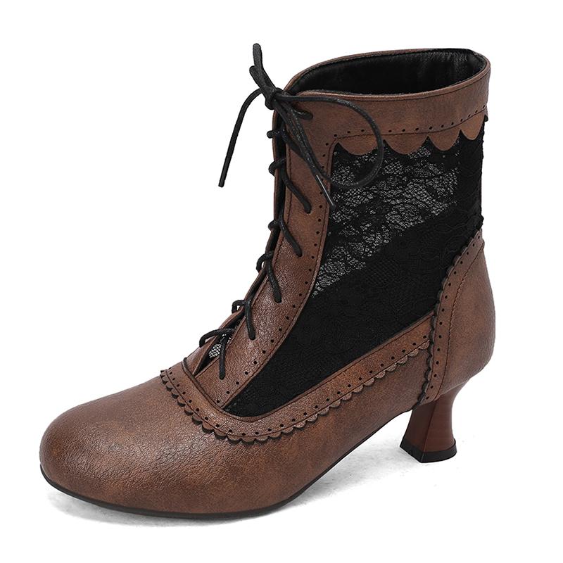 Fashion 2025 New Lace Up Hollow Mesh Victorian Ladies High Heel Shoes Strange Steampunk Boot Ankle Boots Women Thick Soled Short Boots
