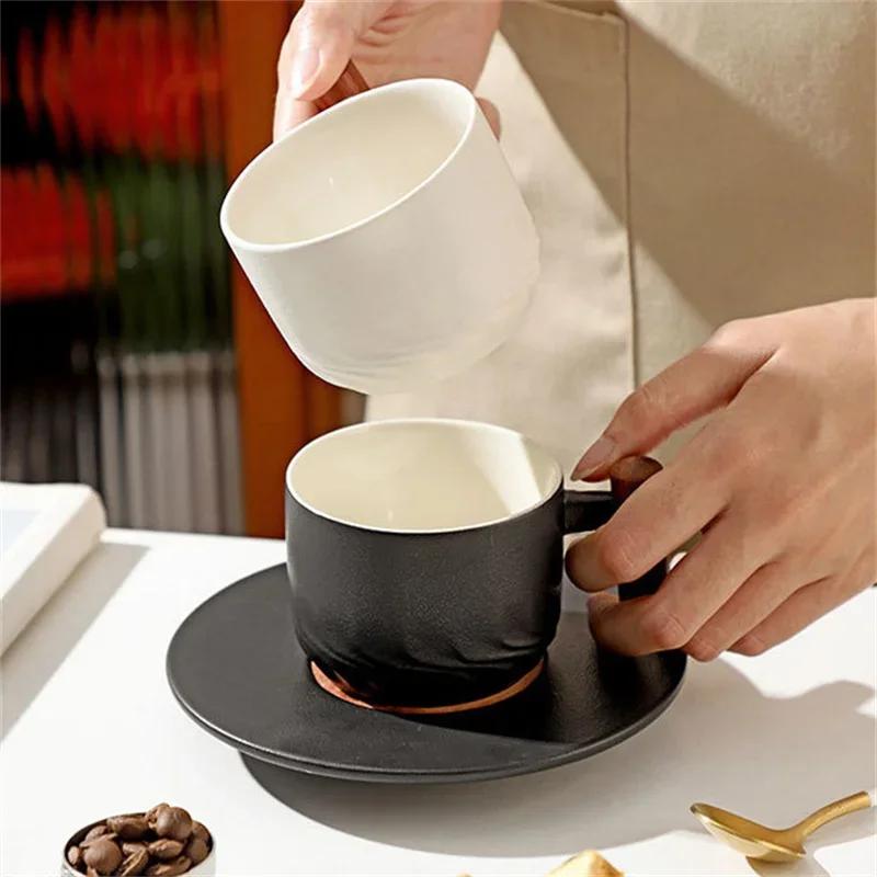 Blue Retro Ceramic Coffee Cup with Saucer 130ml Wooden Handle Tea Water Cup Filter Tea Mug Handmade Frosted Tea Coffee Cup Gift