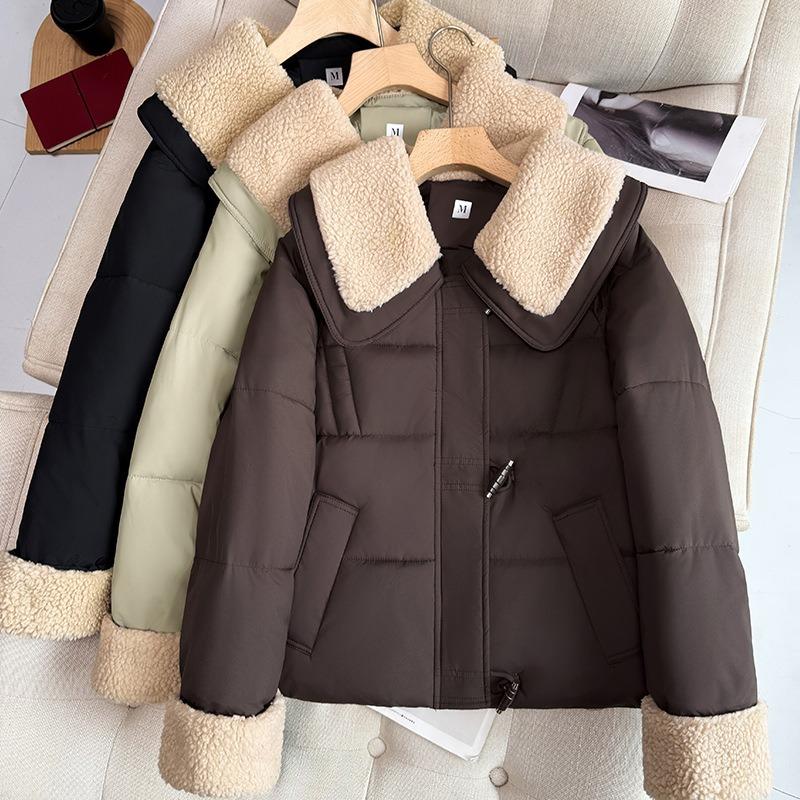 New doll collar contrasting color fashionable splicing horn buckle short cotton coat long sleeve jacket