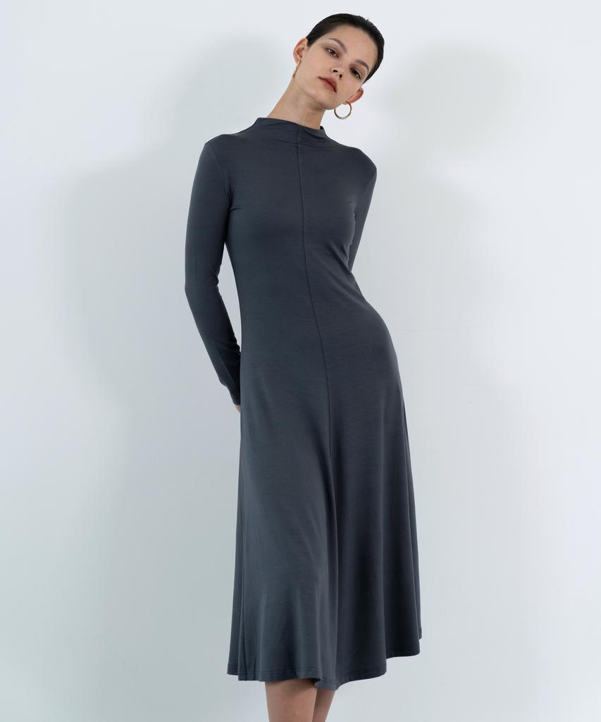 Retour Deux Vingt Quatre Cora High-Neck Tencel Flare Dress (Grey)