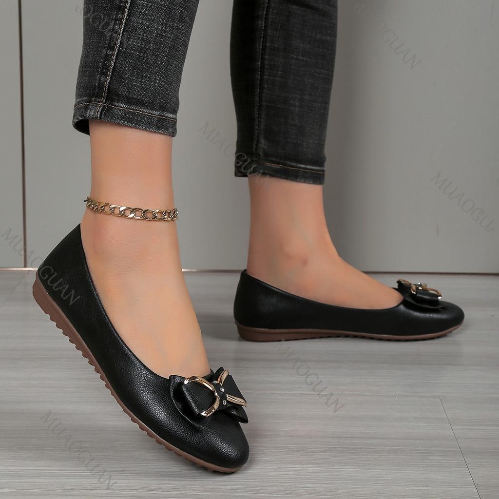 Fashion Single Shoes Women Spring Autumn Bowknot Slip On Flats Casual Comfortable Soft Bottom Round Head Elegant Leather Flat Work Shoe