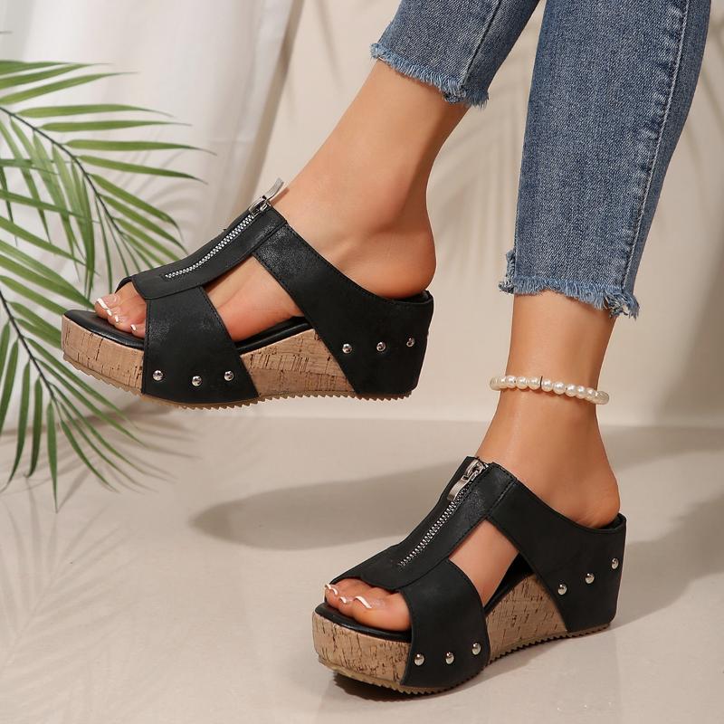 Fashion Ladies Shoes 2025 Open Toe Women's Slippers Fashion Outdoor Plus Size Rivet Summer Casual Zipper Best Seller Platform Slippers