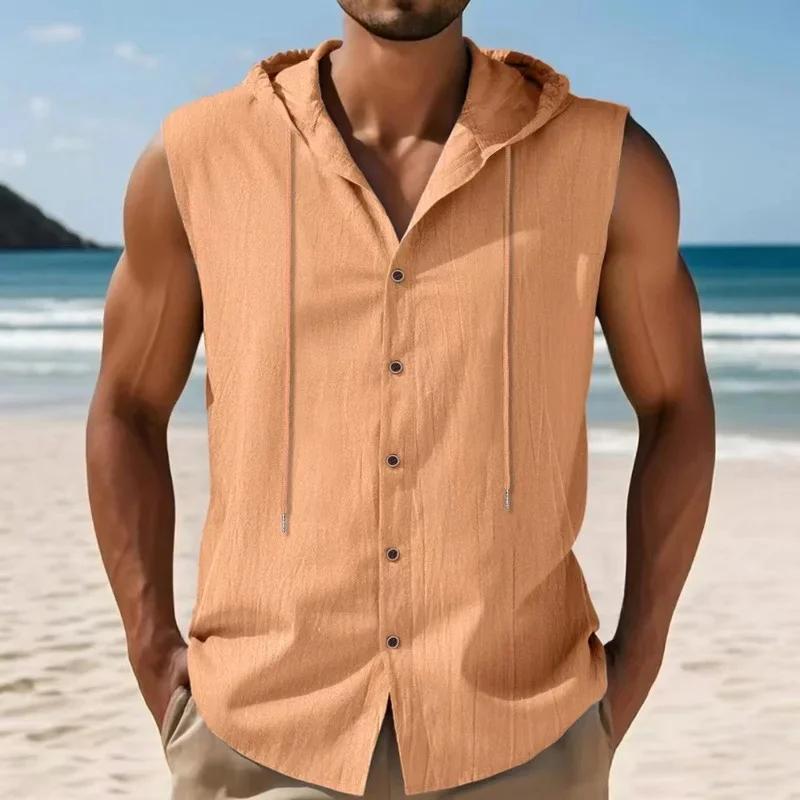 Summer Loose Casual Tank Tops Men American Style Linen Hooded Sleeveless Shirt Hip Hop Trendy Top Comfortable Breathable Vests