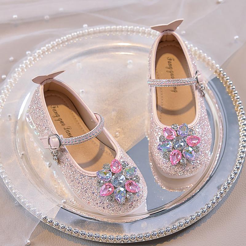Girls' Rhinestone Princess Heels - 2025 Autumn Collection: Comfortable Soft Sole Shoes with Flower Crystal Design