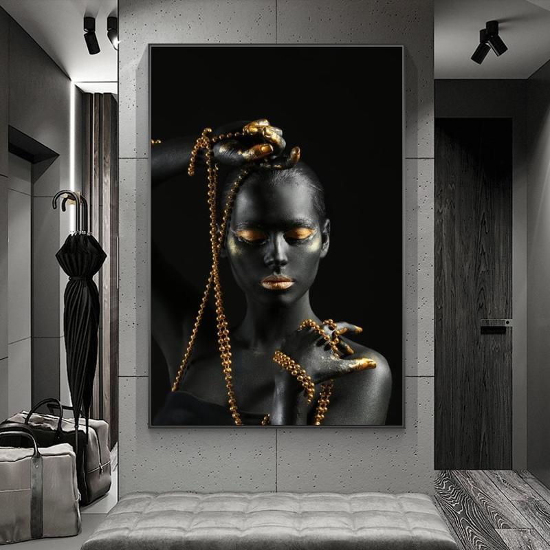 African Black Woman Holding Golden Jewelry Canvas Paintings On The Wall Art Posters and Prints Girl Body Art Pictures Wall Decor