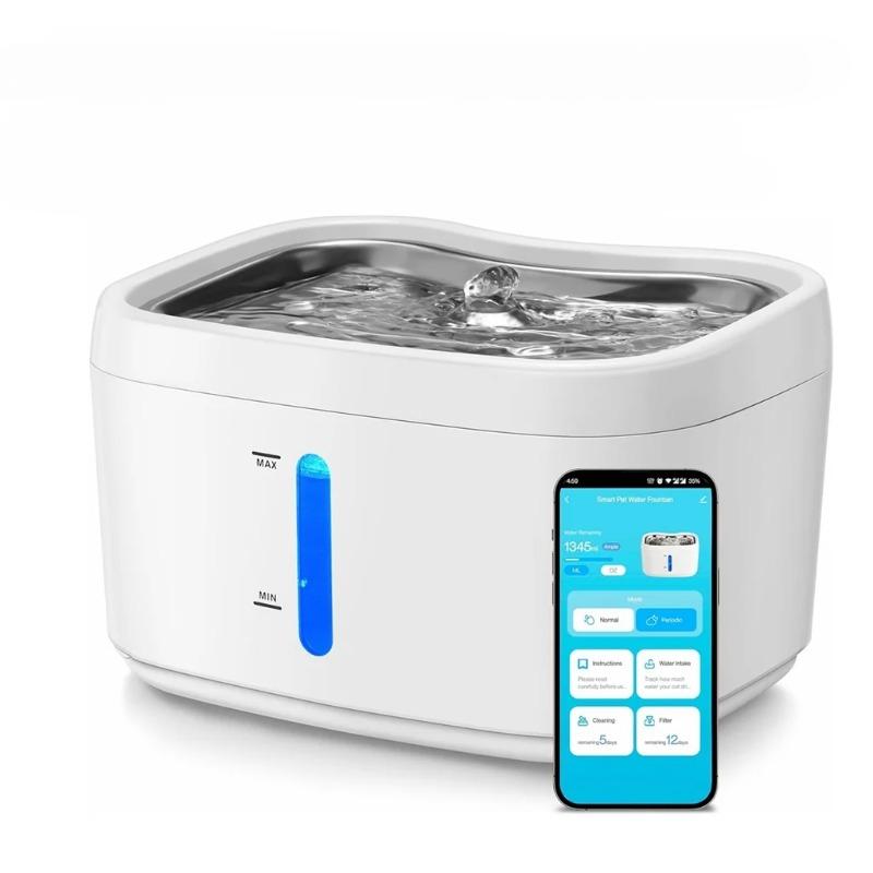 

Cat Water Fountain with APP Wireless Connected 84oz/2.5L Automatic Pet Water Fountain with Stainless Steel Tray Weight Sensor