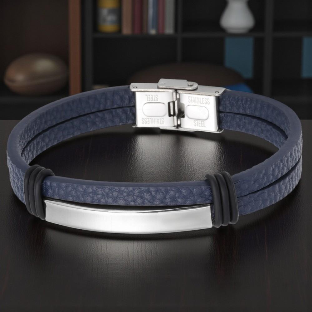 Men' leather bracelet, black, double braided, 316L steel, gift
