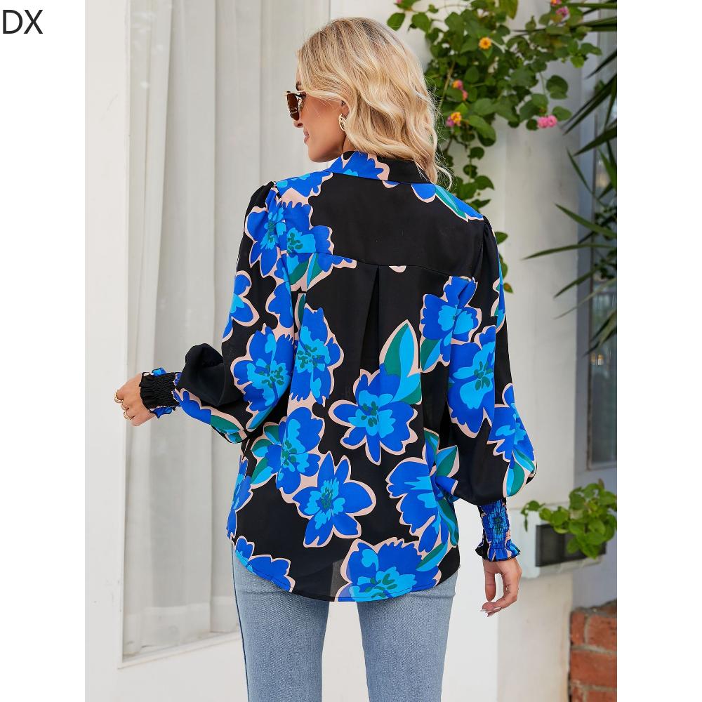 DX2018-8127 # - New Top Casual Print Bubble Shoulder Lantern Long Sleeve Shirt Women