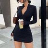 Women's Petite Black High Neck Long Sleeve Bodycon Dress - Slim Fit for Spring