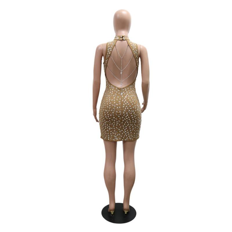 Women's Halter Dress Sexy Deep V Slit Dress Chain Dress