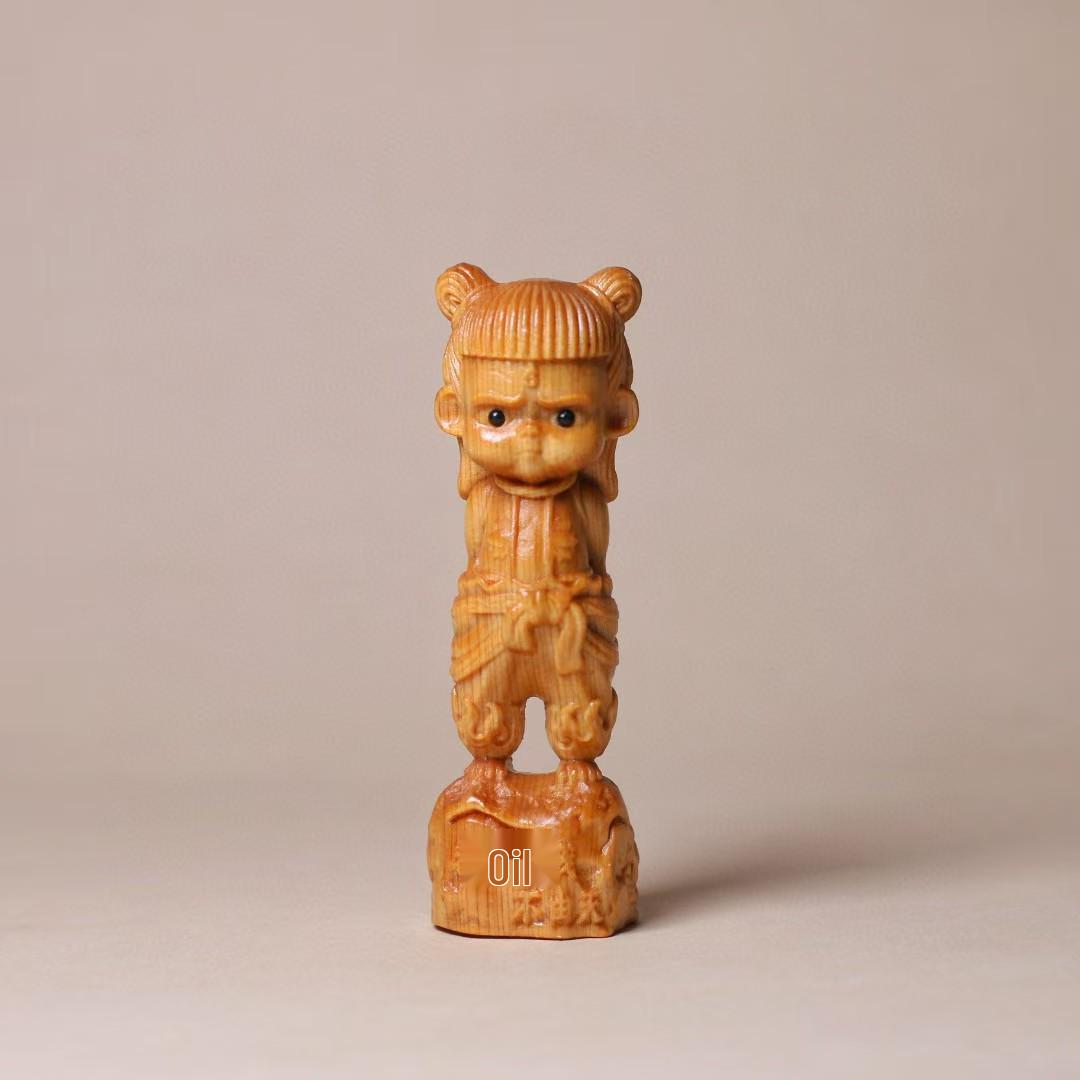 Nezha Series Handcrafted Taihang Cliff Cypress Wood Carving – Exquisite Desktop Ornament