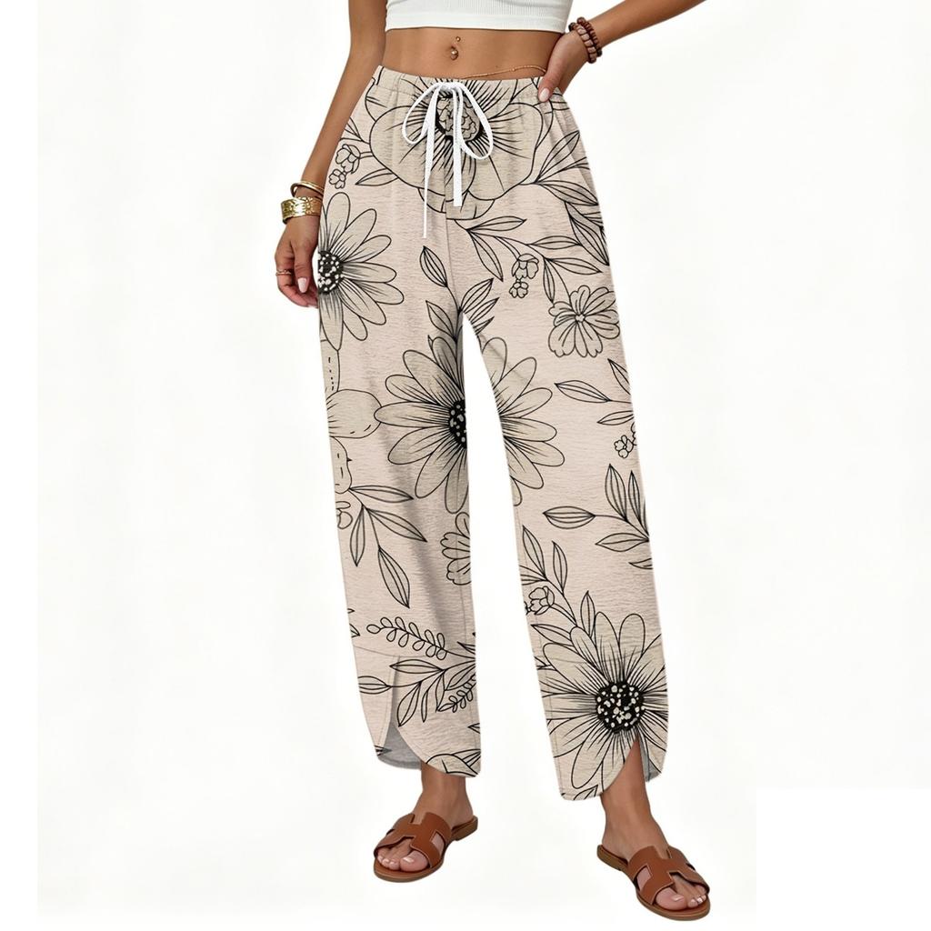 Women High Waist Drawstring Pants Loose Fit Straight Leg Split Hem Floral Print Trousers Casual Lightweight Bottoms