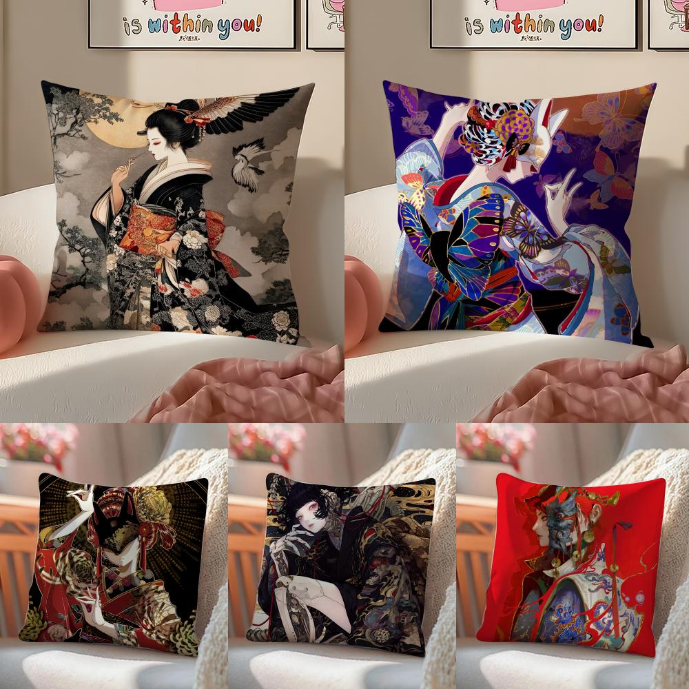 Japanese Cartoon Girl Kimono Style Pillow Case Double-Sided Printing Short Plush Sofa Cushion Cover Bedroom Bedside Pillow