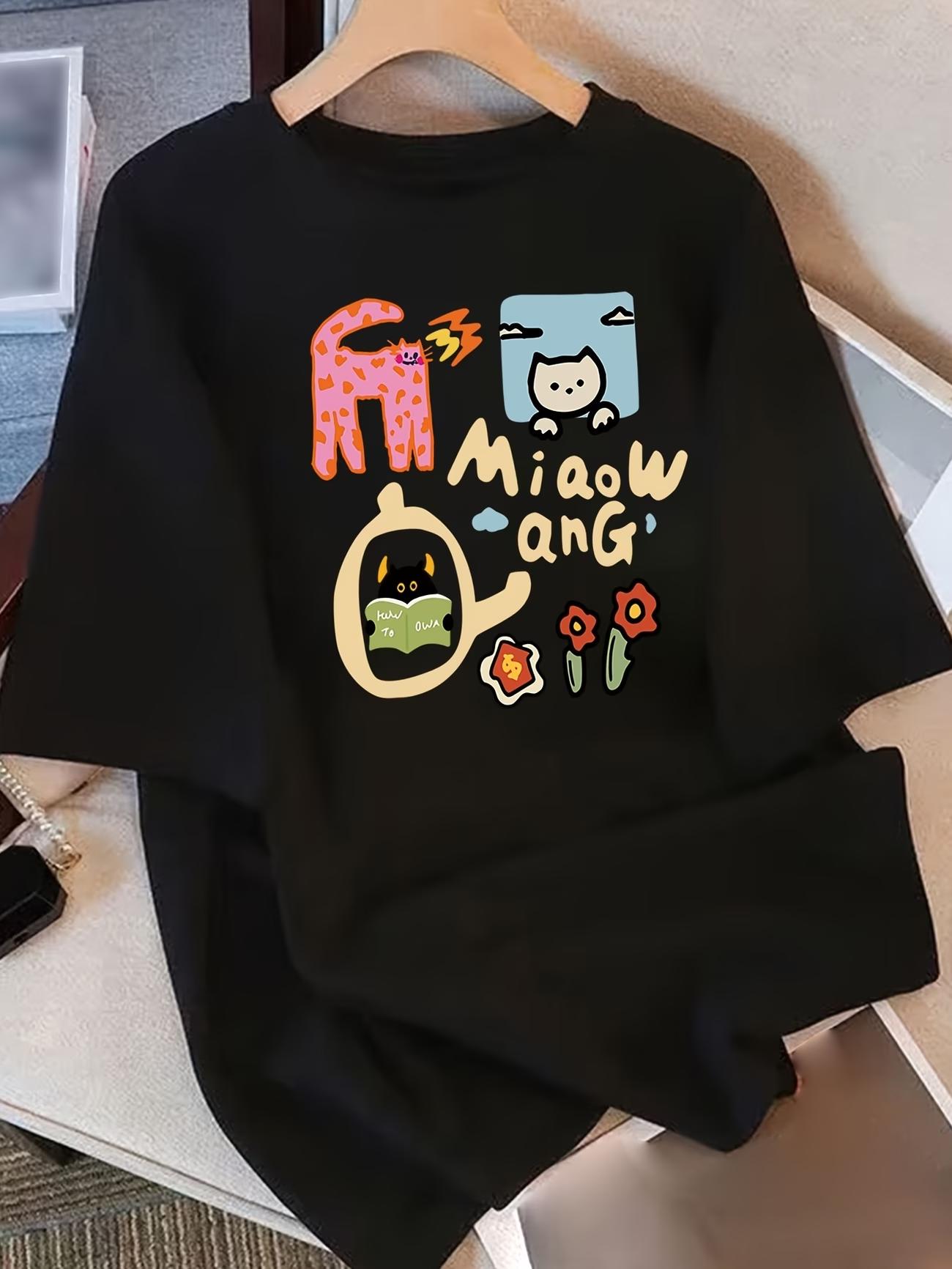 

Aesthetic Cartoon Cat T-Shirt Women Casual Short Sleeve Top Miaow Ang Graphic Tee Summer Loose Fit Streetwear Fashion T-Shirt XL