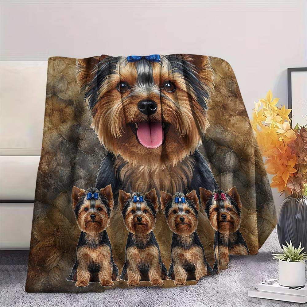 1Pc Yorkshire Terrier Schnauzer Print Flannel Blanket, High quality Comfortable for All Seasons, Home Decor, Warmth and Comfort, Perfect for Gifts