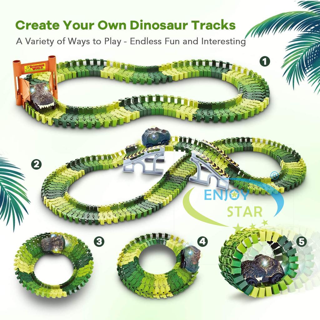 Non-Toxic 156Pcs Dinosaur Railway Car Track Toy Set Diy Assemble Road Race Set With Flexible Track Dinosaur Toys Bridge Ramps Toys For Kid