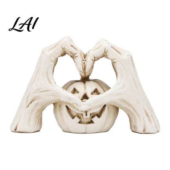 Horror Party Decoration Gothic Skeleton Heart Hand Sculpture Spooky Halloween Resin Abstract Pumpkin Statue Figurine Shape Finger Gesture