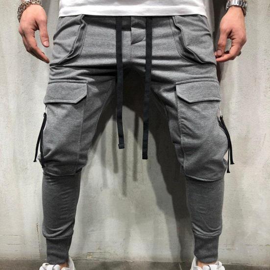 Sporty Men Solid Color Drawstring Multi-pockets Cargo Pants Ankle Tie Trousers