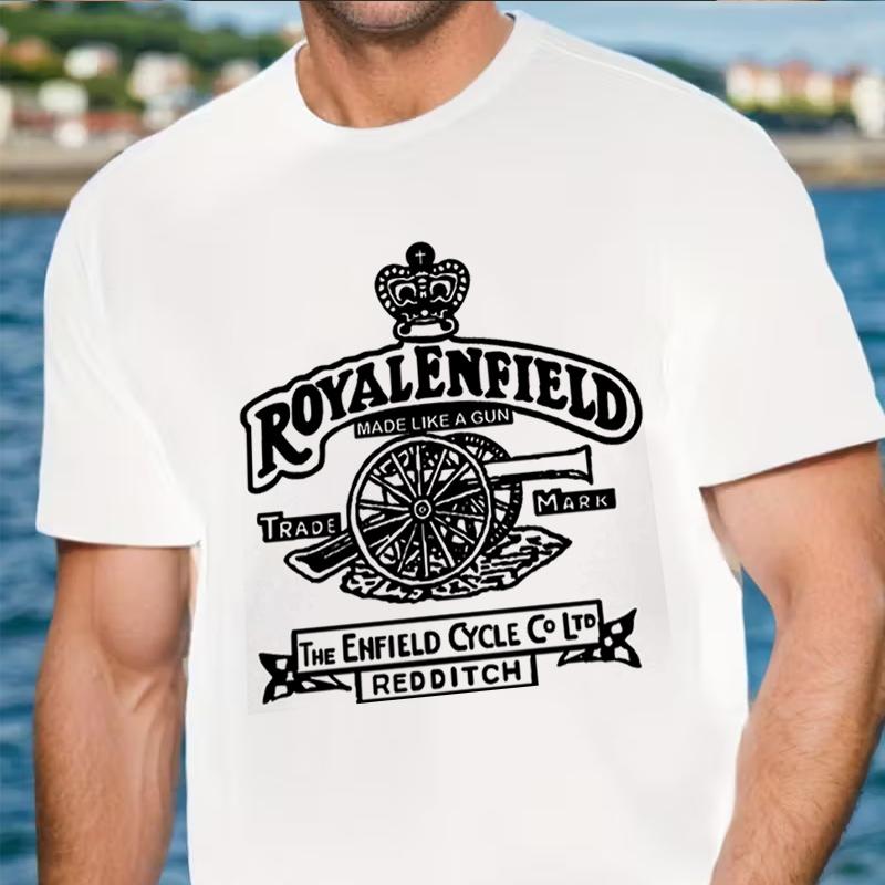 GUOYAN TOP Klassiek Royal Enfield Motorfiets Pistool Logo T-shirt Ronde Hals Korte Mouw Casual Premium Biker Retro Vintage L