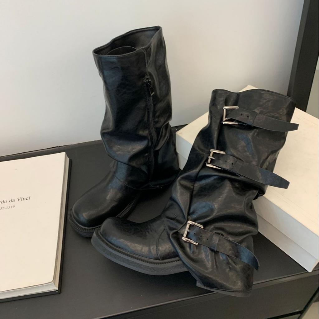 Thick-soled washed leather trousers Martin boots women's 2025 new belt buckle medium tube stack boots retro western cowboy boots