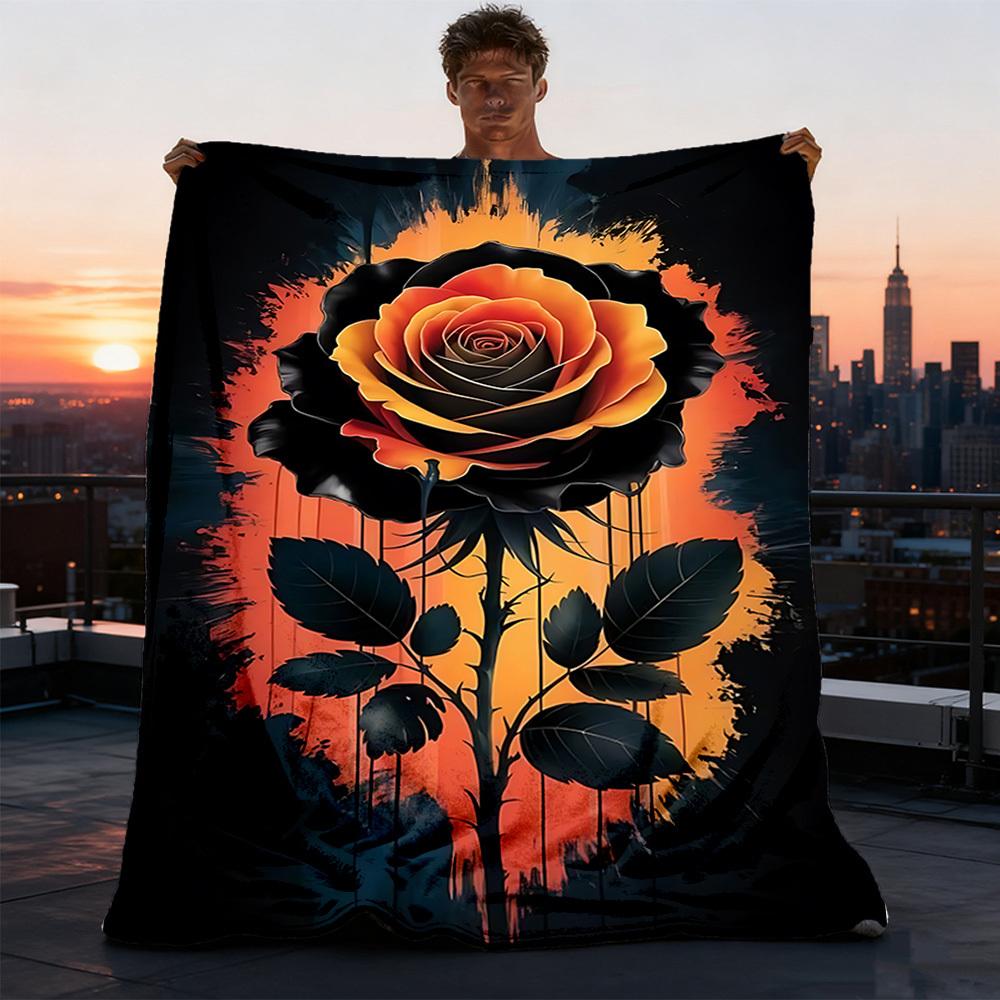 1pc Black Rose Art Print Outdoor Flannel Blanket Soft All Season Polyester Throw , Perfect for Picnics & Travel , Picnic Accessory