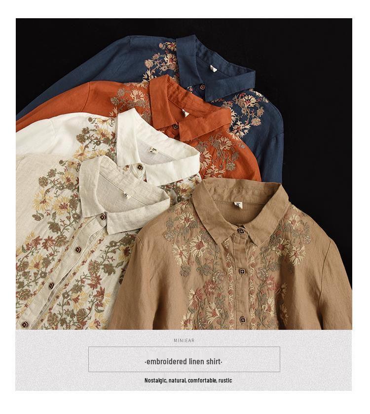 Retro Ethnic Embroidered Cotton Linen Blouse - Women's Long Sleeve, Spring 2025.