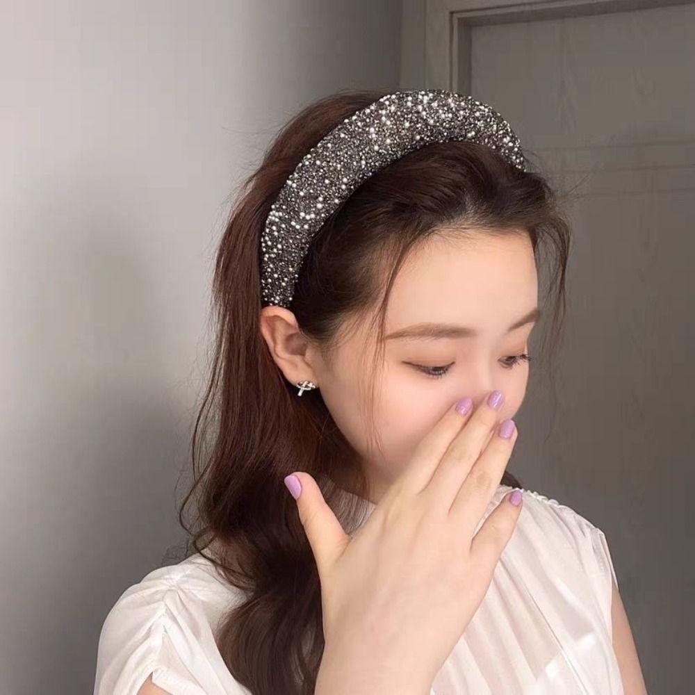 Glamorous Drill Imitation Pearl Beaded Hairband Grey Silver Black Bling Bling Head Bezel Crystal Pearl Headband Women Girls