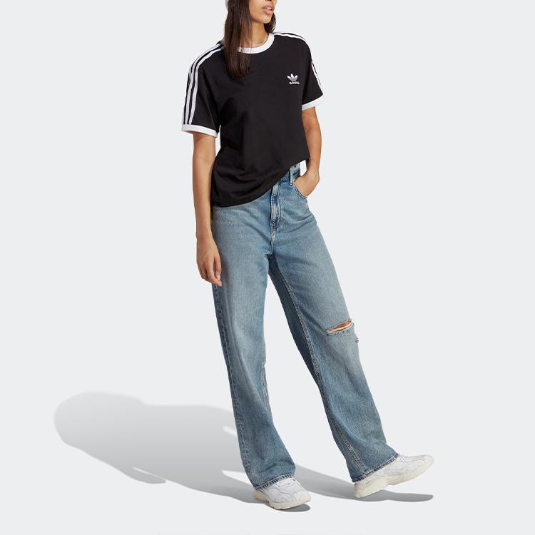 Adidas Originals Adicolor Classics Brand Logo Three Stripes Sports Casual Short Sleeve Round Neck T-Shirt Women Tops Black IB7407