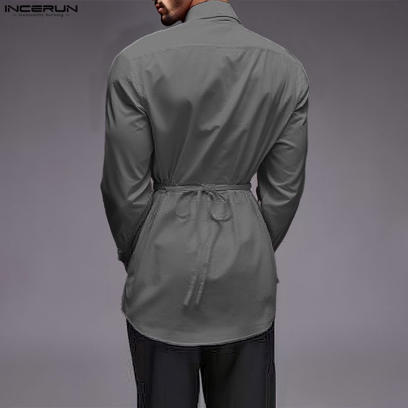 INCERUN S-5XL Men Casual Lapel Neck Long Sleeve Lace-up Waist Loose Shirts Tops