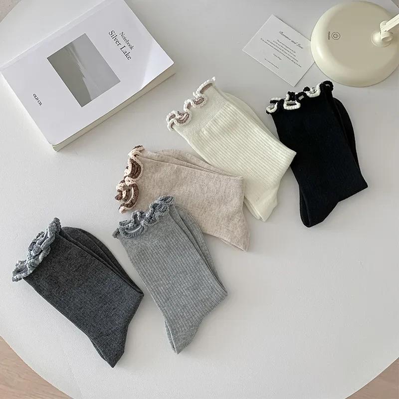 Fashion Girls Lolita Kawaii Cute Middle Tube Socks Sox Sweet Solid Color Black White Gray Long Socks Ruffle Socks Women