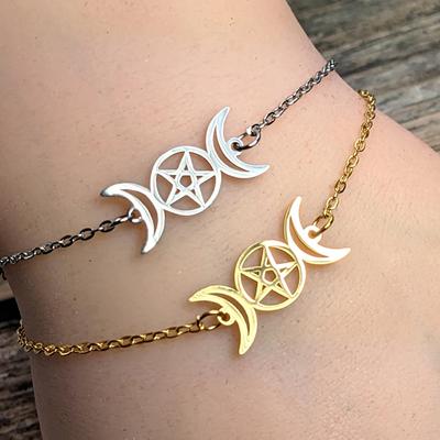 Triple Moon Goddess Bracelets Stainless Steel Pentagram Wicca Charm Magic Pentacle Witch Jewelry for Men Women