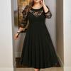 Robe de Soirée Col Rond Taille Ajustée Ourlet Plissé A-Ligne Femmes Automne Dentelle Florale Coutures Manches 3/4 Grande Taille Robe Midi