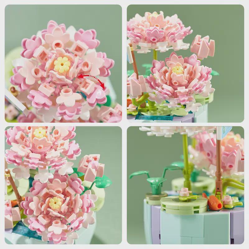 Building Block Bouquet 3D Model Home Decoration Plant Potted Chrysanthemum Rose Flower Assembly Brick Toy