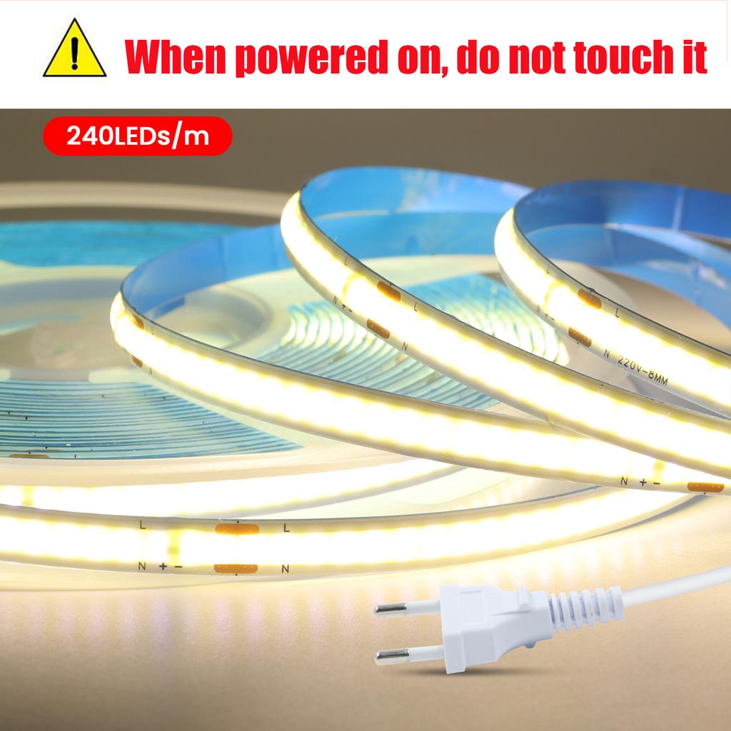 High Brightness COB LED Strip Light AC 220V/110V EU US Plug 240LEDs/M 3000K 4000K Flexible Ribbon Lamp for Indoor Home Decor