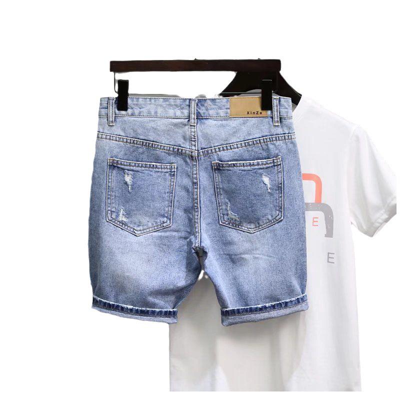 Men's Summer Ripped Denim Shorts - Korean Style, Elastic Fit, Trendy Mid-Length Streetwear
