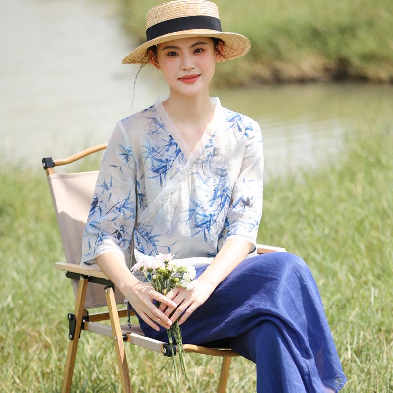 Women s Chinese Retro Ramie Top - Summer 2026 High-End Loose Cotton Linen Blouse for Tea Ceremony XL