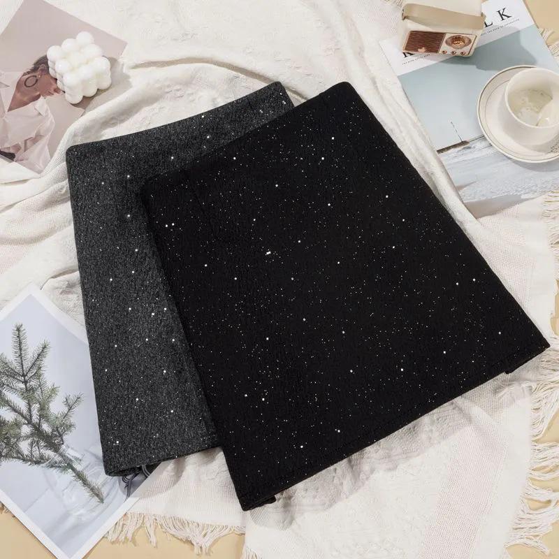 2025 Winter Women's High-End Retro A-Line Sparkly Woolen Short Skirt