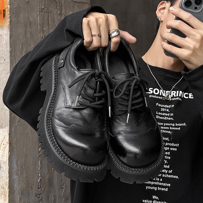 2024 Men's Genuine Leather Round Toe Derby Shoes - British Style, Thick Sole, Black Boots