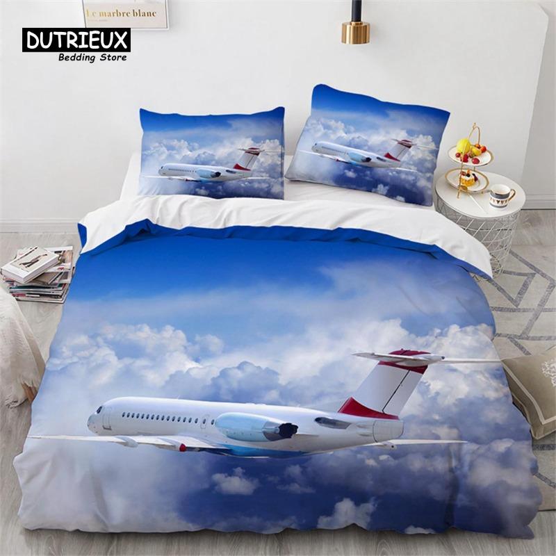 Boys Airplane Duvet Cover King Queen Polyester Aviation Aircraft Runway Bedding Set Sky Scenery Bedspread Cover with Pillowcase Gift