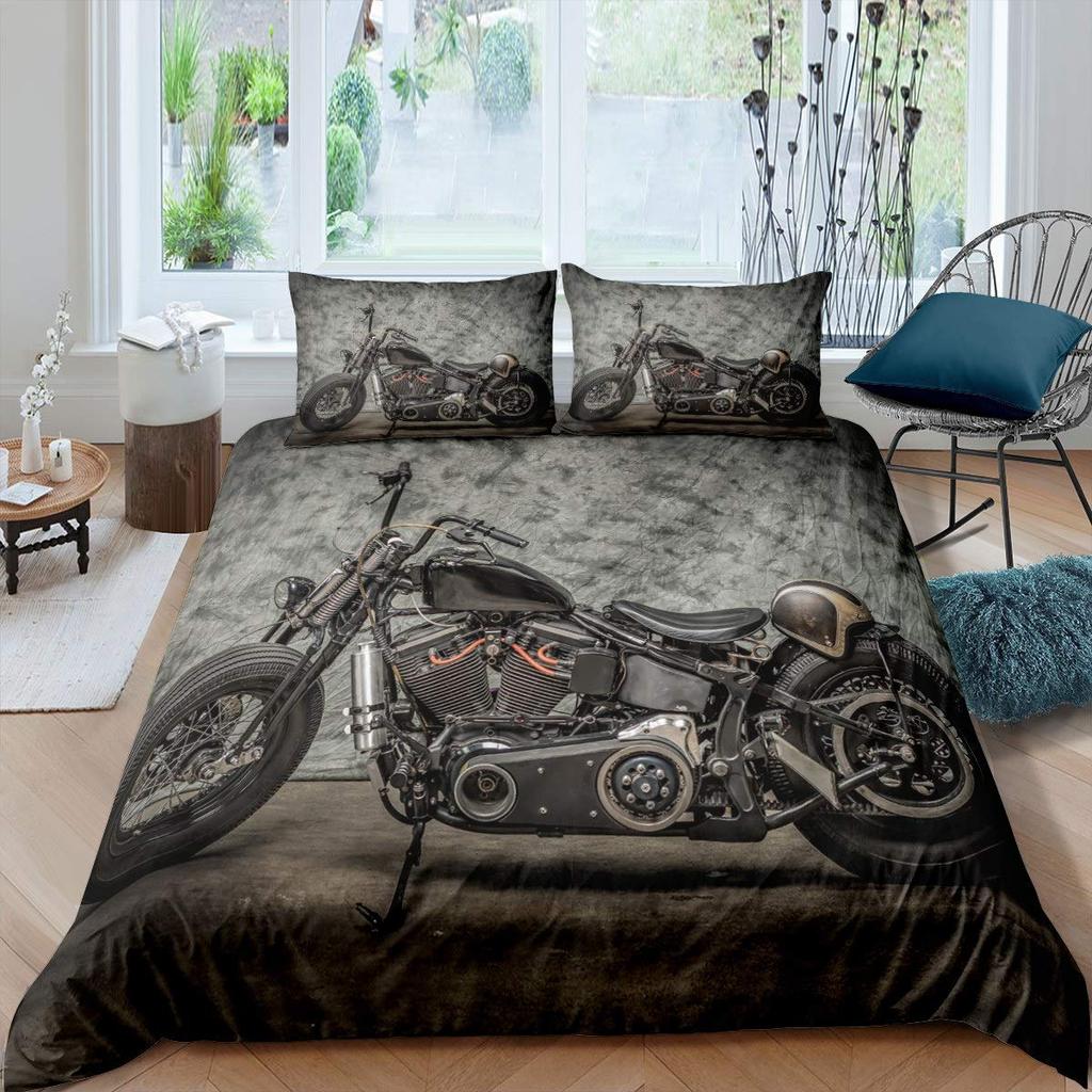 Motorcycle Duvet Cover Set for Boys Men Queen King Size Lightweight Down Room Decor 2 Pillowcases and 1 Duvet Cover No Comforter