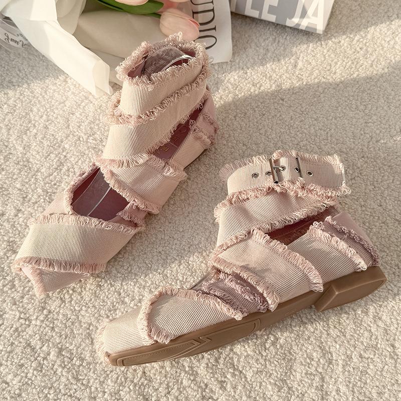 

Tassel Cross Strap Ballet Shoes Women s Summer French Retro Square Head Shallow Mouth Flat Bottom Mary Jane Single Shoes Large Size Women s Shoes 43 рожевий