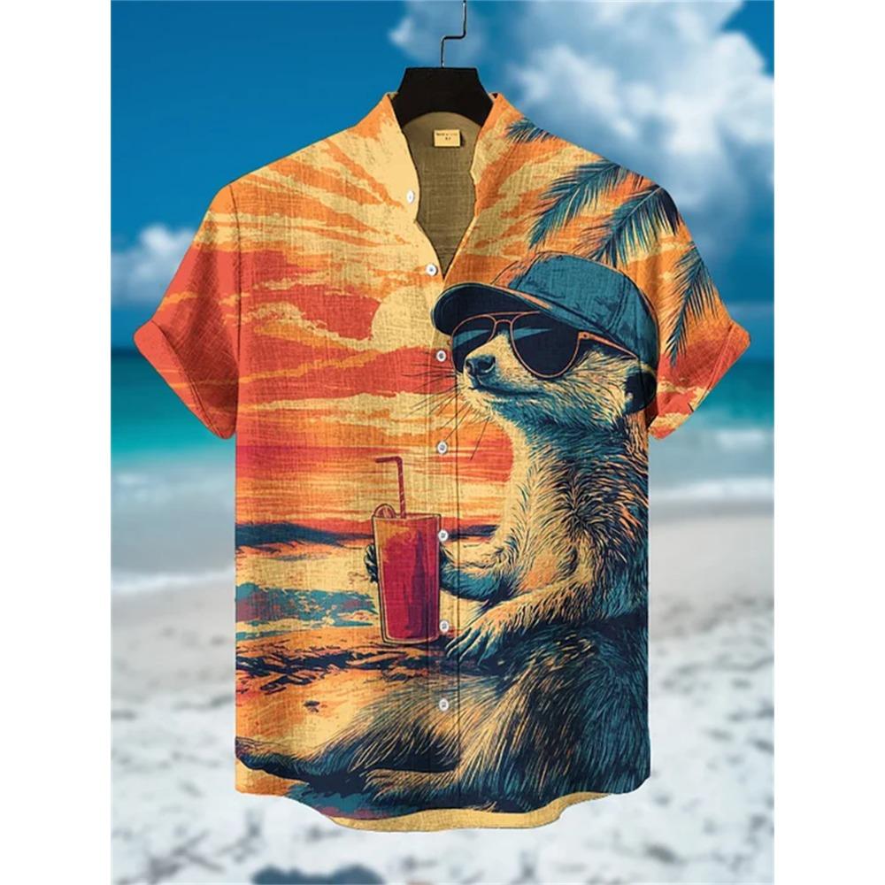 Herren Kurzarmhemd mit süßem Otter auf Flamingo-Print, Atmungsaktives Freizeit-Top, Trendiges Strandurlaub Herrenhemd. 5XL orange