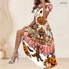 Women Plus Size Round Neck Short Sleeve Printed A Line Long Dress Halloween Raccoon Pumpkin Pattern
