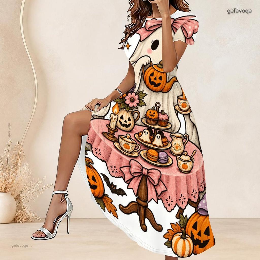 Women Plus Size Round Neck Short Sleeve Printed A Line Long Dress Halloween Raccoon Pumpkin Pattern