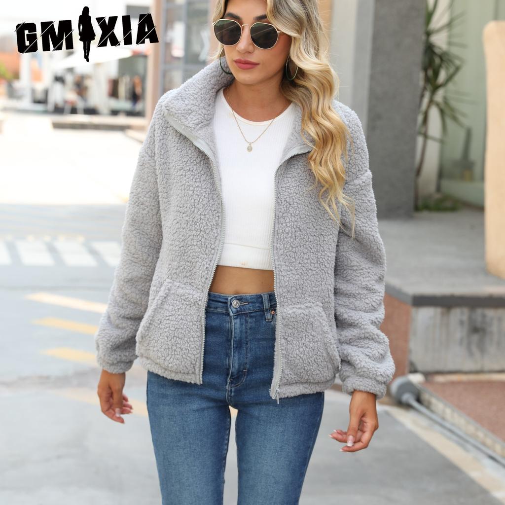 GMXIA Autumn Plush Women's Knitted Long-sleeved, Elegant Loose Stand-up Collar Pocket Zipper Cardigan