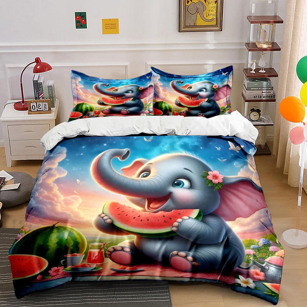 Cute Elephant Picnic Decor Bedding Set With 1 Duvet Cover 2 Pillowcases Single Double King Queen, Gift