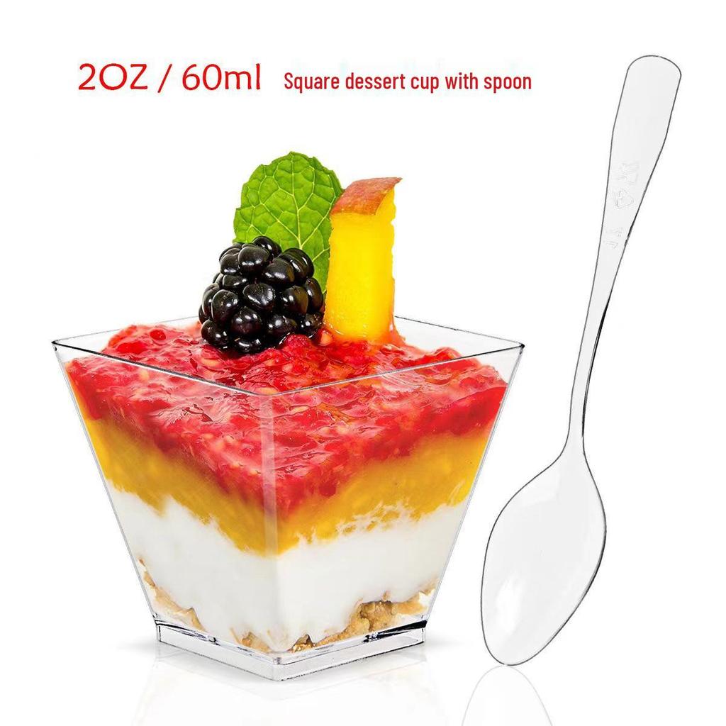 Set de Cupe Pătrate Transparente pentru Sos și Mousse cu Lingurițe - Perfect pentru Deserturi și Aperitive